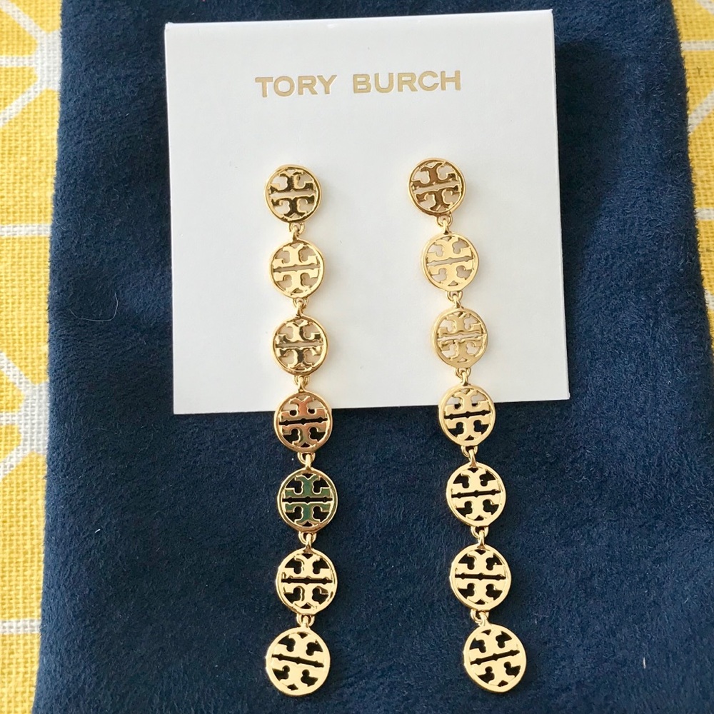 NEW Tory Burch Gold Linear Logo Drop Earrings